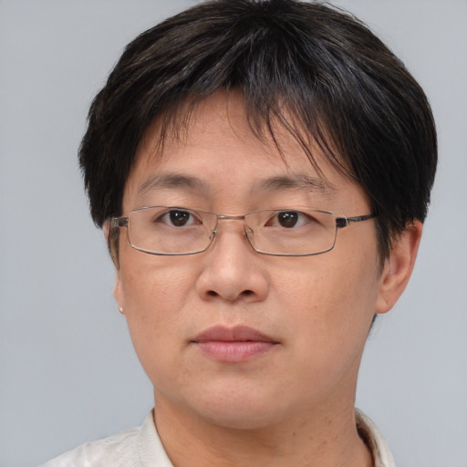 Joyful asian adult female with short  brown hair and brown eyes