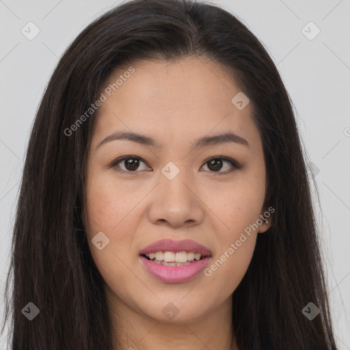 Joyful asian young-adult female with long  brown hair and brown eyes