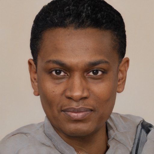 Joyful black young-adult male with short  black hair and brown eyes
