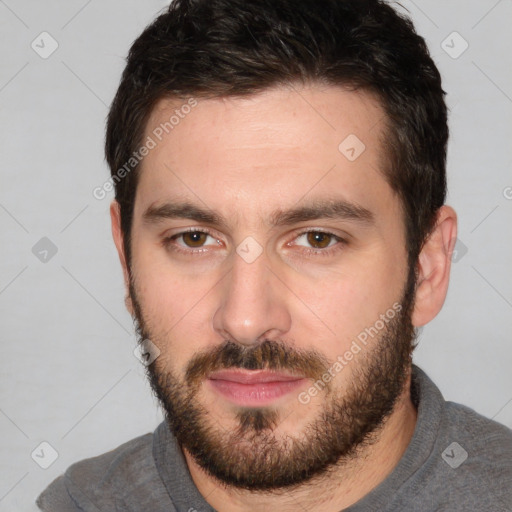 Neutral white young-adult male with short  brown hair and brown eyes