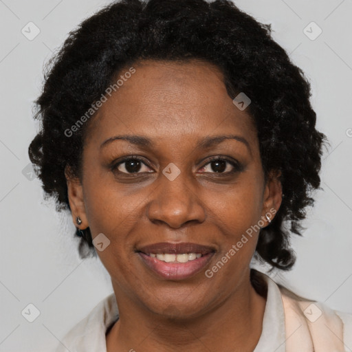 Joyful black adult female with short  brown hair and brown eyes