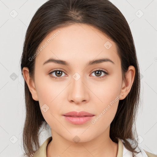 Neutral white young-adult female with medium  brown hair and brown eyes