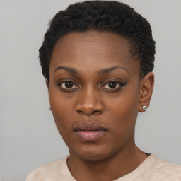 Neutral black young-adult female with short  black hair and brown eyes