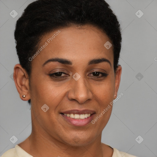 Joyful latino young-adult female with short  brown hair and brown eyes