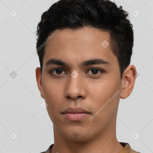 Neutral latino young-adult male with short  brown hair and brown eyes