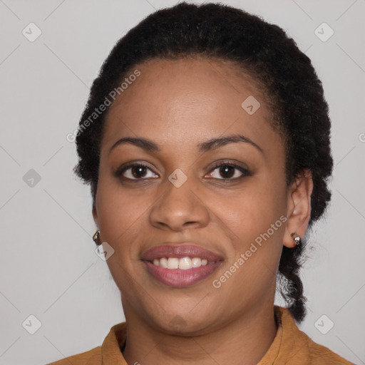 Joyful latino young-adult female with short  black hair and brown eyes