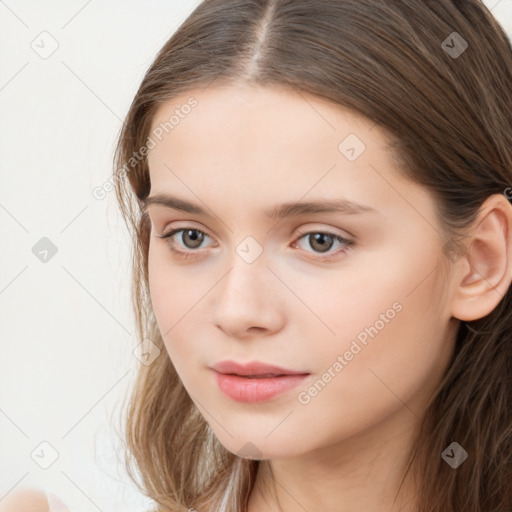 Neutral white young-adult female with long  brown hair and brown eyes