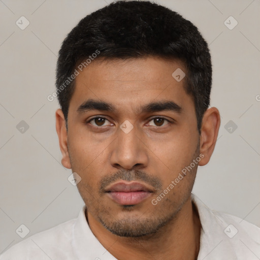 Neutral latino young-adult male with short  black hair and brown eyes