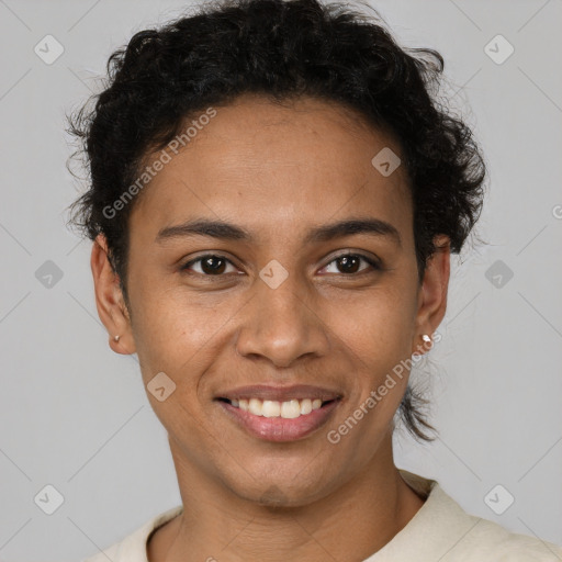 Joyful latino young-adult female with short  brown hair and brown eyes