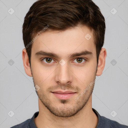 Neutral white young-adult male with short  brown hair and grey eyes