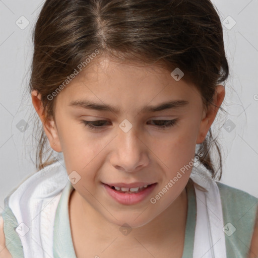 Joyful white child female with medium  brown hair and brown eyes