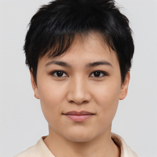 Joyful asian young-adult female with short  black hair and brown eyes