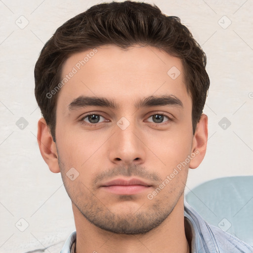 Neutral white young-adult male with short  brown hair and brown eyes