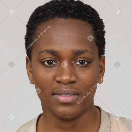 Neutral black young-adult female with short  black hair and brown eyes