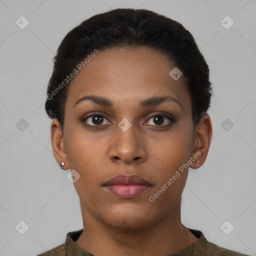 Neutral black young-adult female with short  brown hair and brown eyes