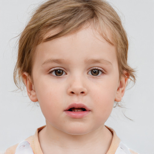 Neutral white child female with medium  brown hair and blue eyes