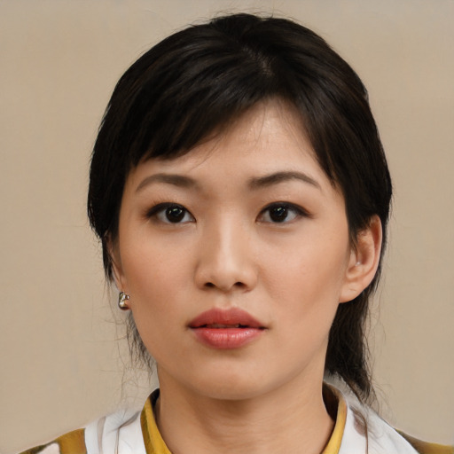 Neutral asian young-adult female with medium  black hair and brown eyes
