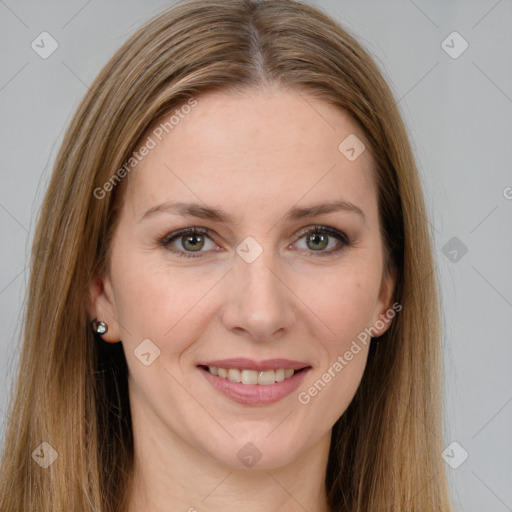 Joyful white young-adult female with long  brown hair and grey eyes