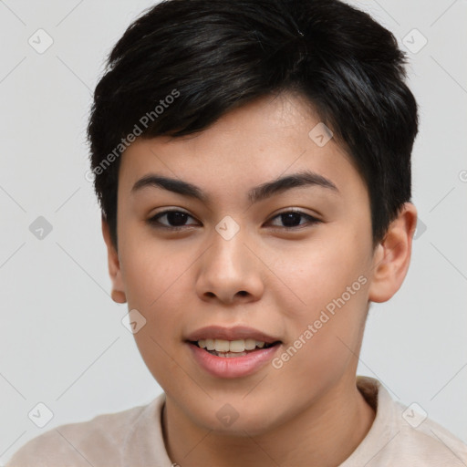 Joyful asian young-adult female with short  black hair and brown eyes