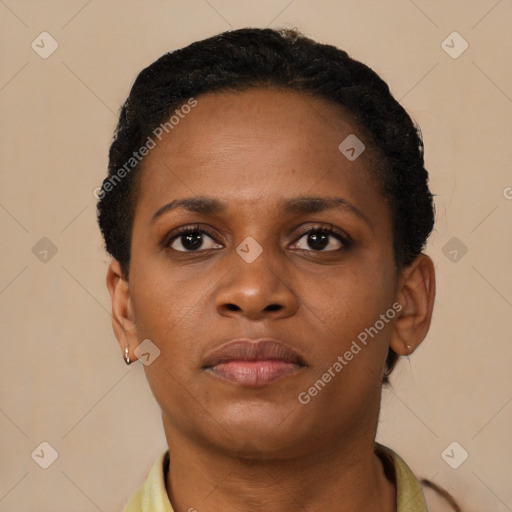 Neutral black young-adult female with short  black hair and brown eyes