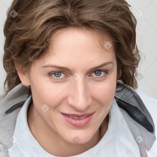 Joyful white young-adult female with medium  brown hair and blue eyes