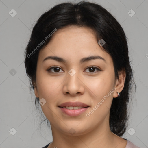 Joyful asian young-adult female with medium  black hair and brown eyes