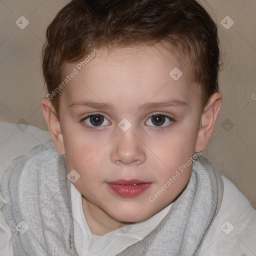 Joyful white child female with short  brown hair and brown eyes