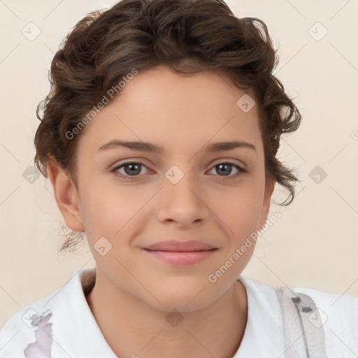 Joyful white child female with medium  brown hair and brown eyes