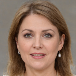 Joyful white adult female with medium  brown hair and grey eyes