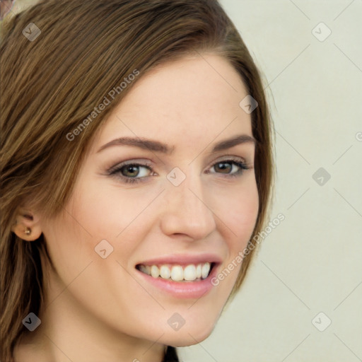 Joyful white young-adult female with long  brown hair and green eyes