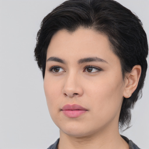 Neutral asian young-adult female with medium  black hair and brown eyes