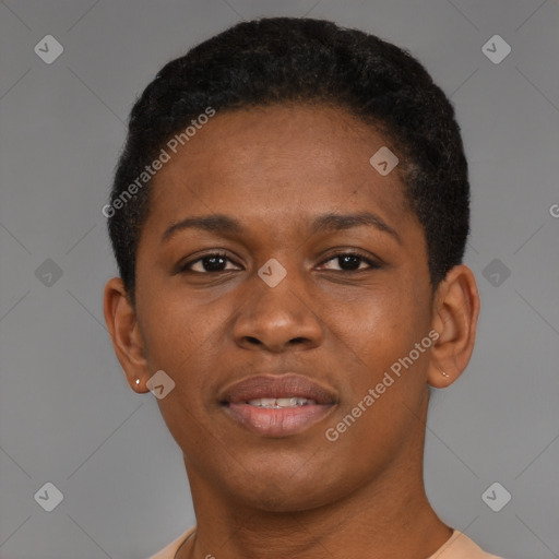 Joyful black young-adult female with short  brown hair and brown eyes