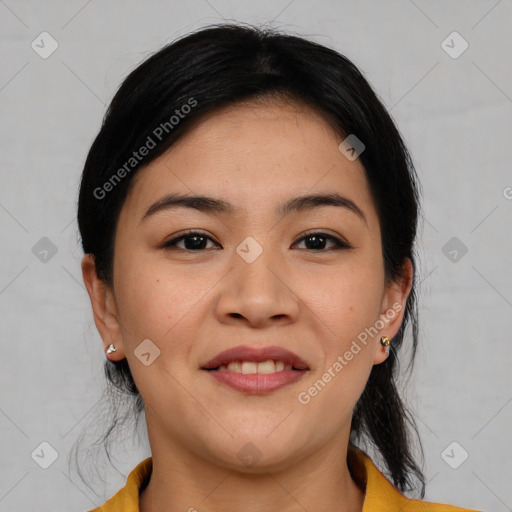 Joyful asian young-adult female with medium  brown hair and brown eyes