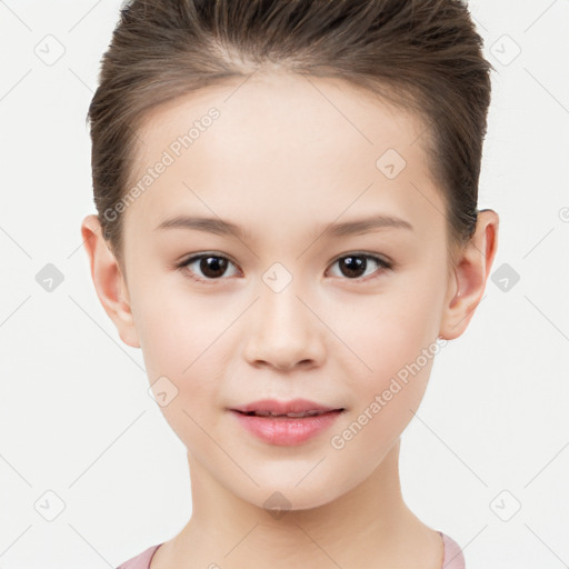 Joyful white child female with short  brown hair and brown eyes