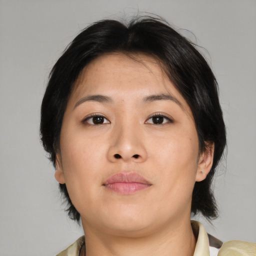 Neutral asian young-adult female with medium  brown hair and brown eyes