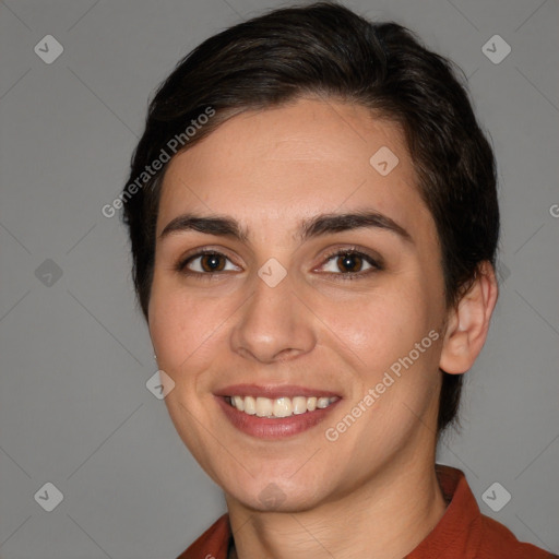 Joyful white young-adult female with medium  brown hair and brown eyes