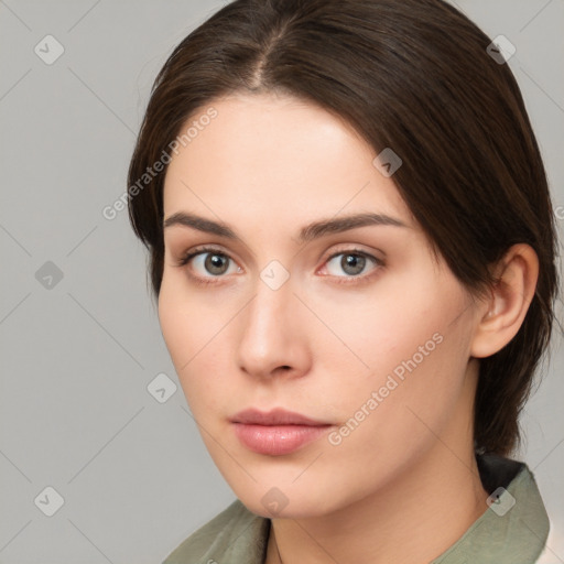 Neutral white young-adult female with medium  brown hair and brown eyes