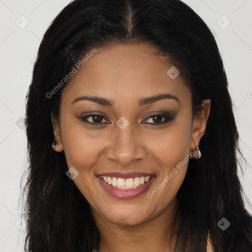 Joyful latino young-adult female with long  brown hair and brown eyes