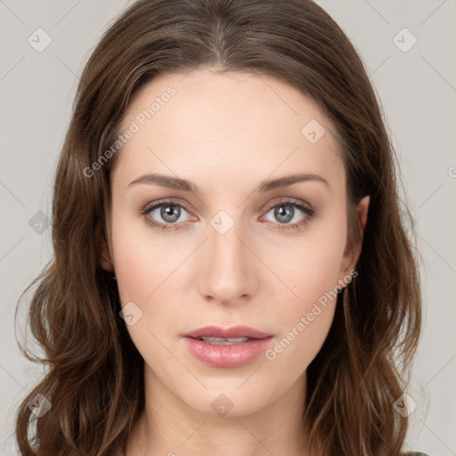 Neutral white young-adult female with long  brown hair and grey eyes