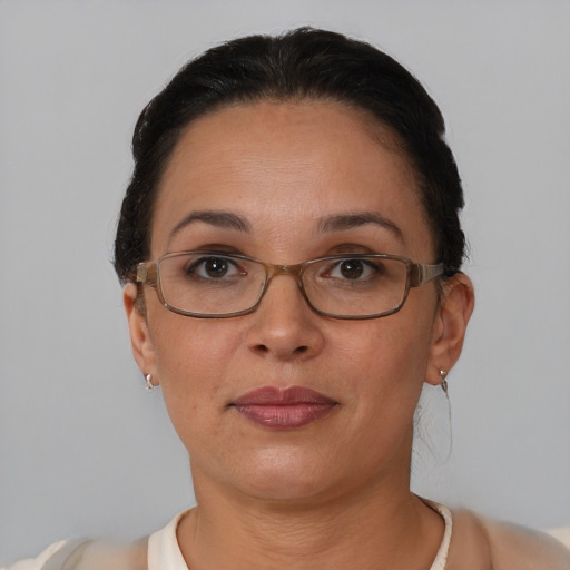Joyful asian adult female with short  brown hair and brown eyes