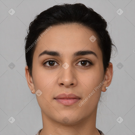 Neutral latino young-adult female with short  brown hair and brown eyes