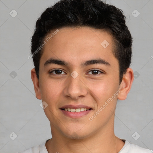 Joyful white young-adult male with short  black hair and brown eyes