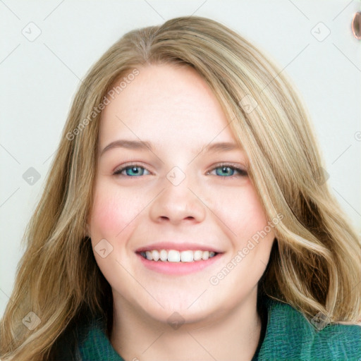 Joyful white young-adult female with long  brown hair and green eyes