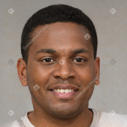 Joyful latino young-adult male with short  brown hair and brown eyes