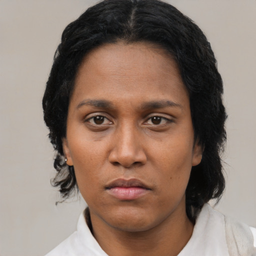 Neutral black young-adult female with medium  black hair and brown eyes