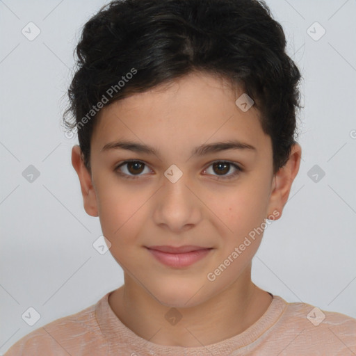 Joyful white child female with short  brown hair and brown eyes