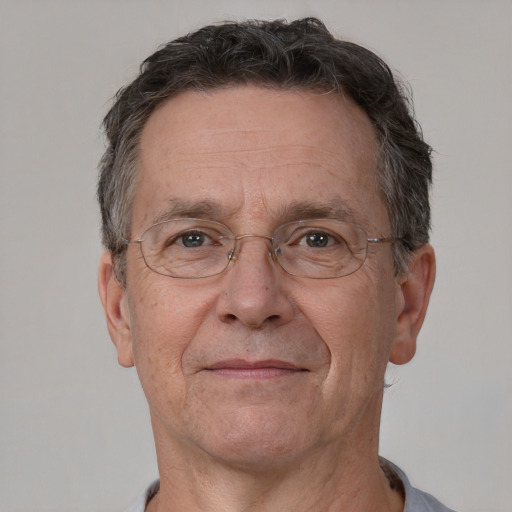 Joyful white middle-aged male with short  brown hair and brown eyes