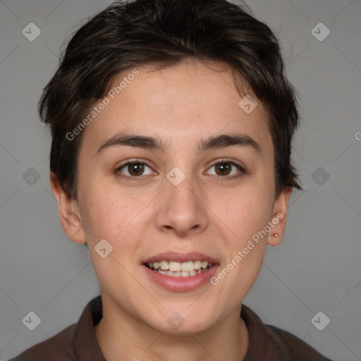 Joyful white young-adult female with medium  brown hair and brown eyes