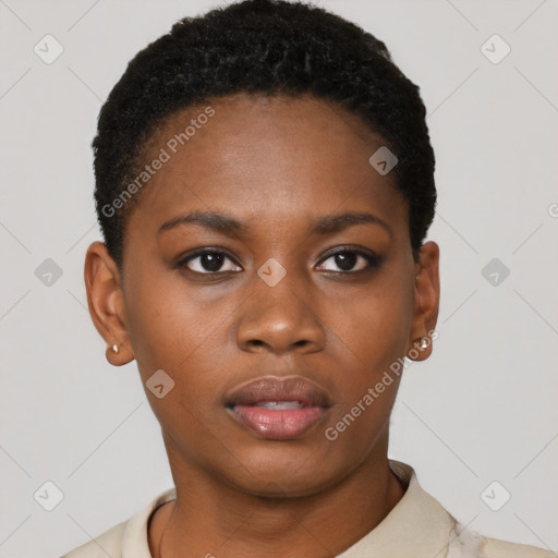 Neutral black young-adult female with short  black hair and brown eyes