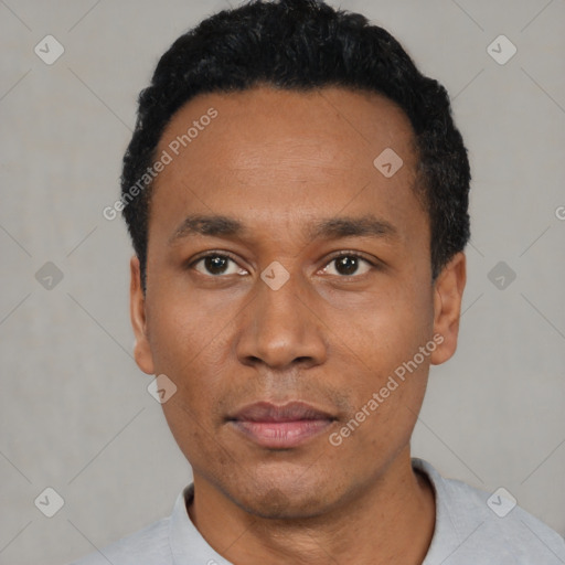 Neutral latino adult male with short  black hair and brown eyes